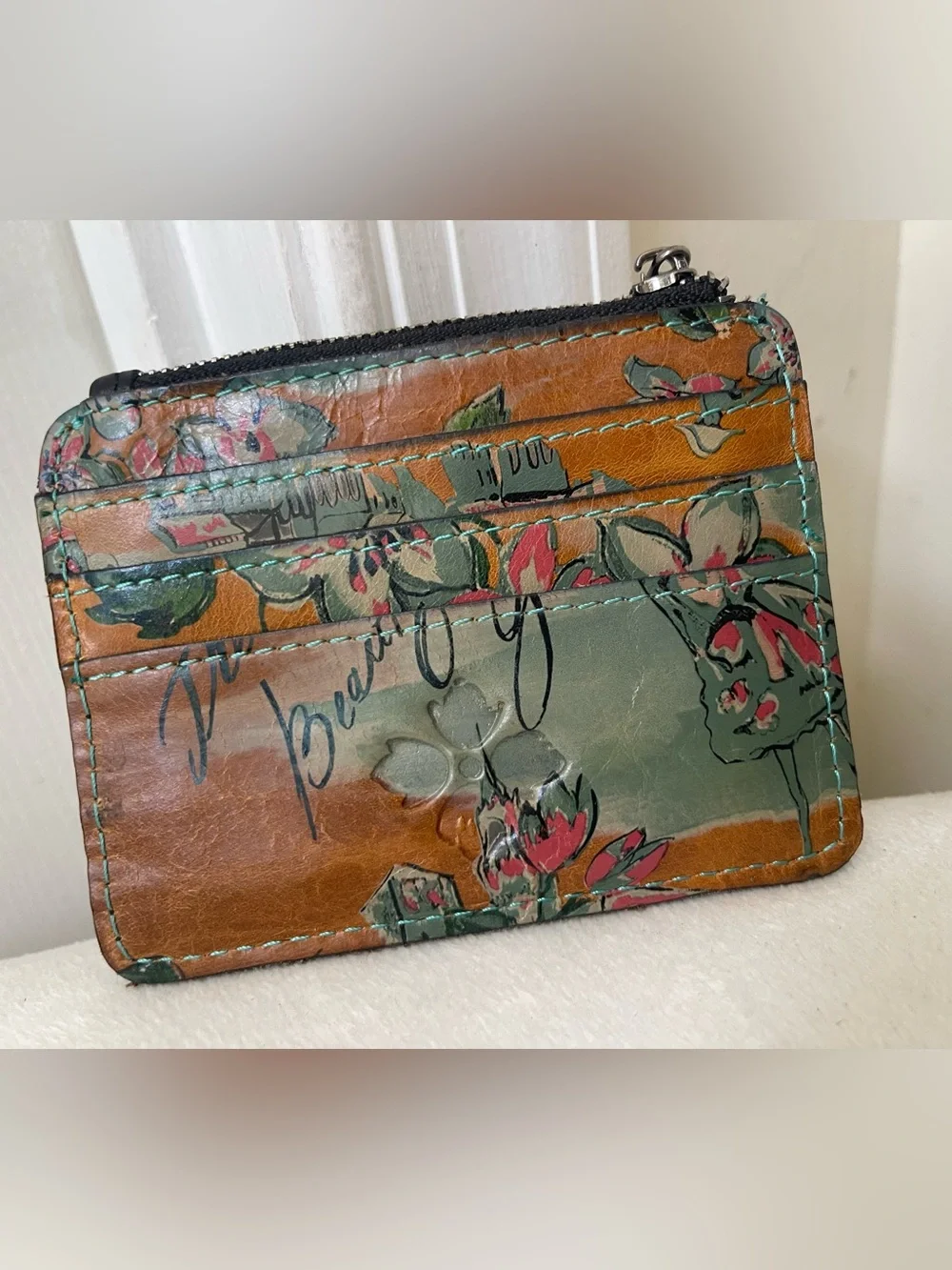 Patricia Nash Floral Zip Card Holder in Teal and Tan